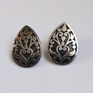 Sterling Silver .925 Teardrop Earrings - Filigree Scroll Work 2 Tone - Nepal P11